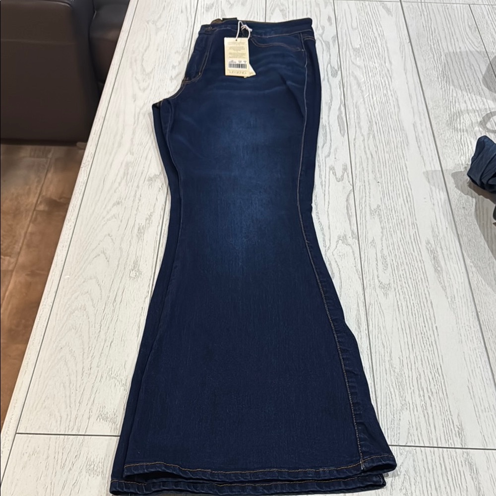Blue Flare Wide Leg Jeans with Contrast Stitching